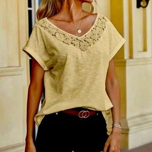 Beige Lowered V-neck line, floral lace top